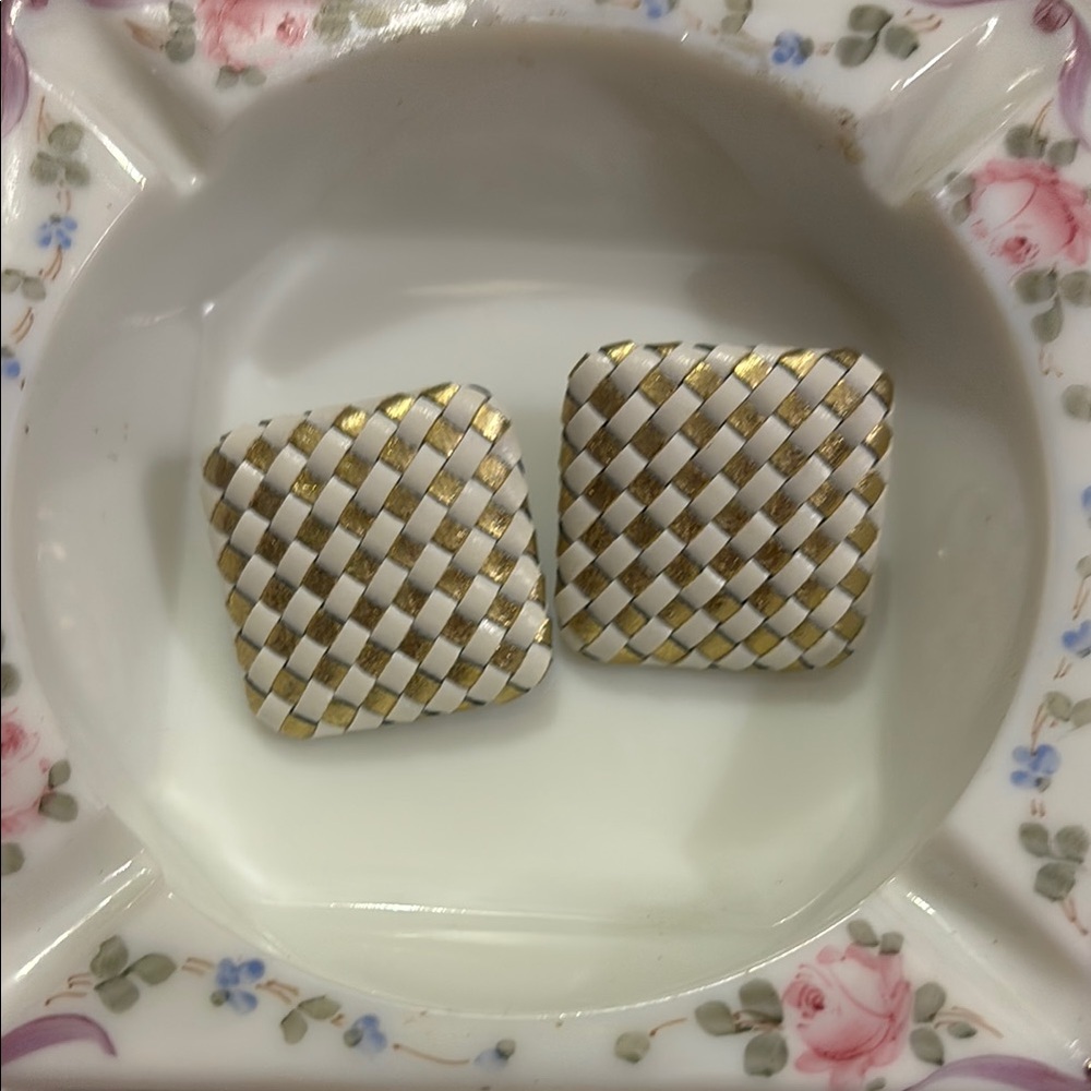 Gold and White Woven Square Earrings